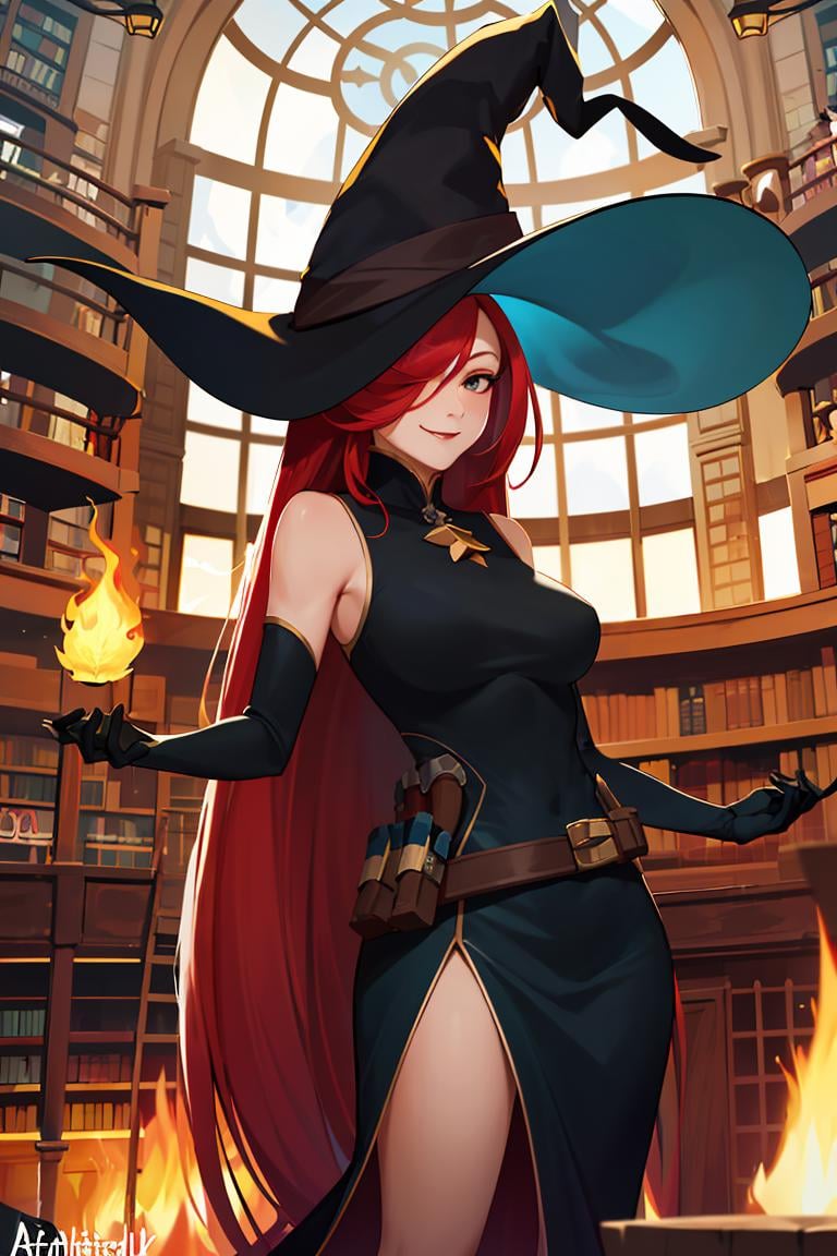 ((masterpiece,best quality)), absurdres, <lora:Mirael_AFK:0.7>, Mirael_AFK, long red hair, black glove, smiling,  library fire and magic in background, cinematic composition, dynamic pose,