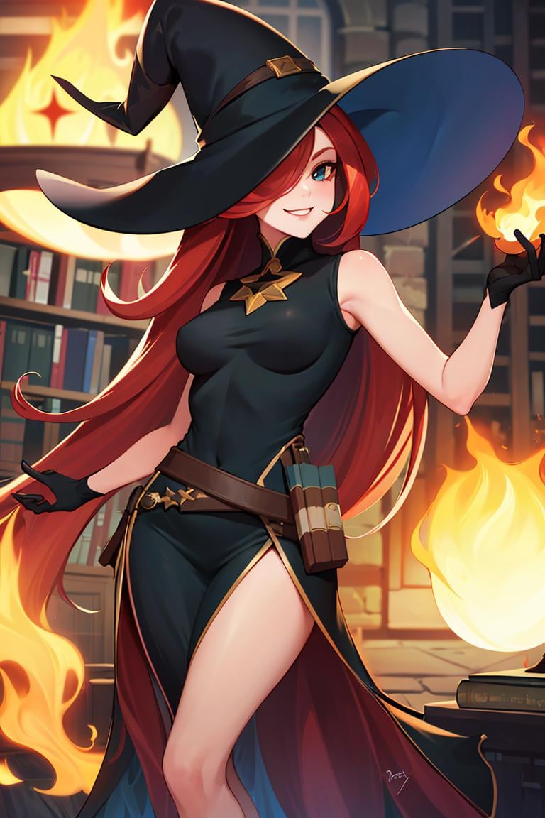 ((masterpiece,best quality)), absurdres, <lora:Mirael_AFK:0.7>, Mirael_AFK, long red hair, black glove, smiling,  library fire and magic in background, cinematic composition, dynamic pose,