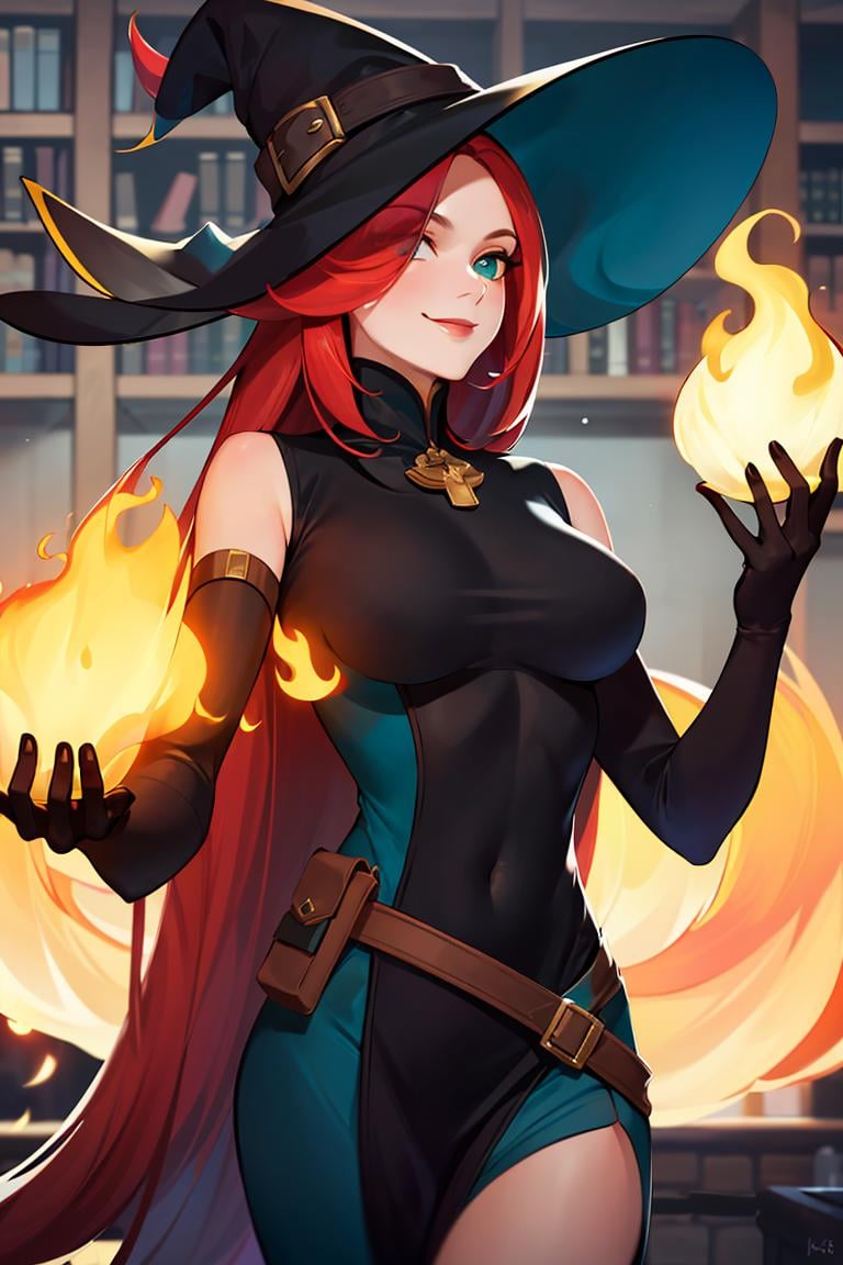 ((masterpiece,best quality)), absurdres, <lora:Mirael_AFK:0.7>, Mirael_AFK, long red hair, black glove, smiling,  library fire and magic in background, cinematic composition, dynamic pose,