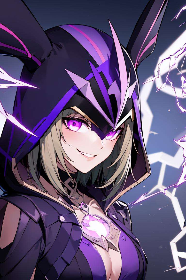 ((masterpiece,best quality)), absurdres,<lora:Electro_Cicin:0.6>, Electro_Cicin, solo, mask, sadistic smile, detailed hood,purple electricity in background, cinematic composition, dynamic pose,