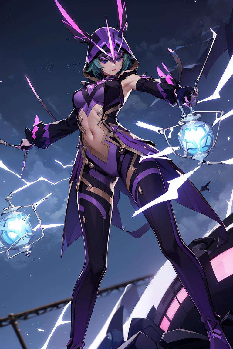 ((masterpiece,best quality)), absurdres,<lora:Electro_Cicin:0.6>, Electro_Cicin, solo, purple electricity in background, cinematic composition, dynamic pose,