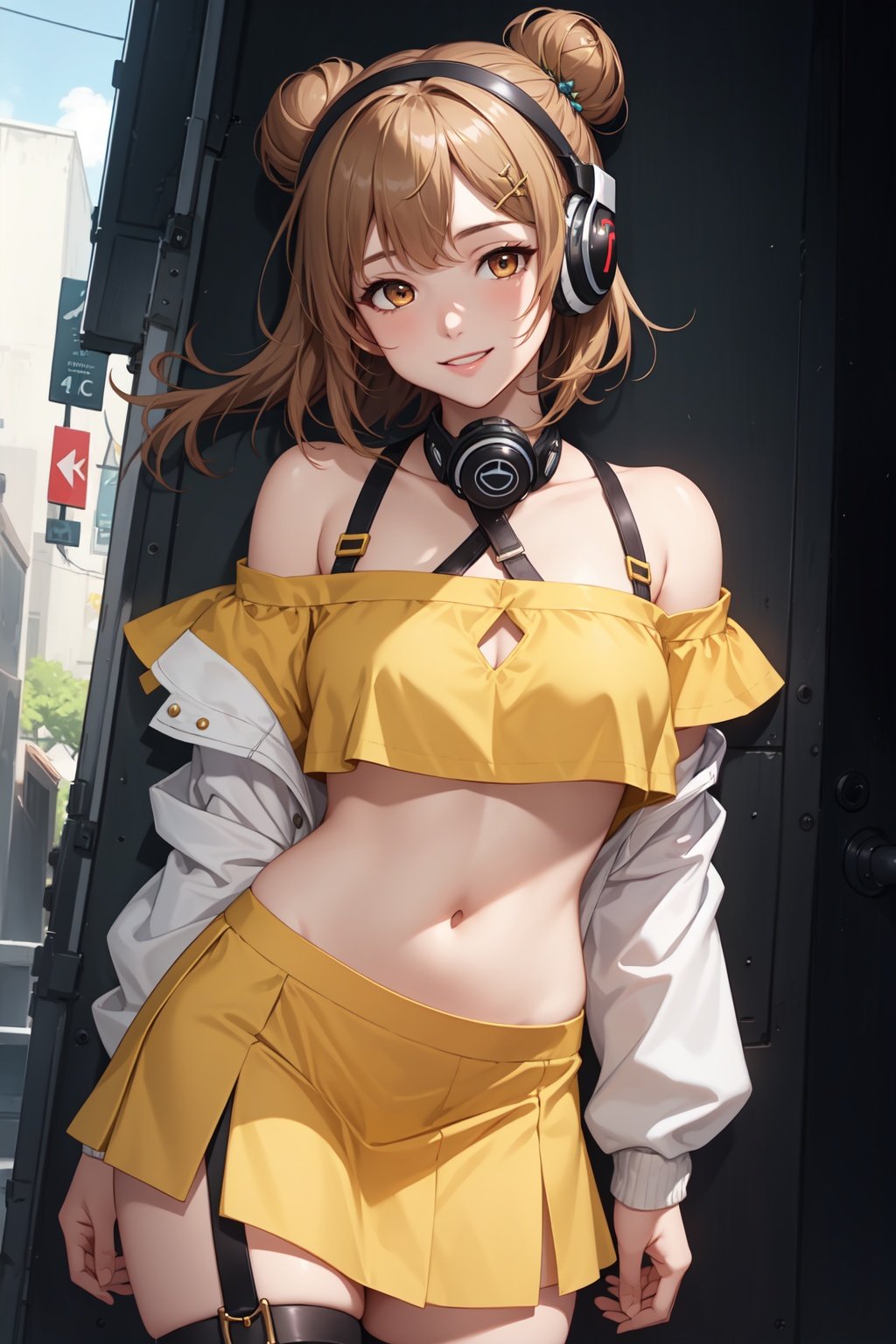 (masterpiece),(extremely detailed CG unity 4k wallpaper), (best quality), 1 girl, solo, brown eyes, cone hair bun, 1 x hair ornament, yellow skirt, headphones around neck, asymmetrical legwear, navel, thigh strap, off shoulder, light smile,