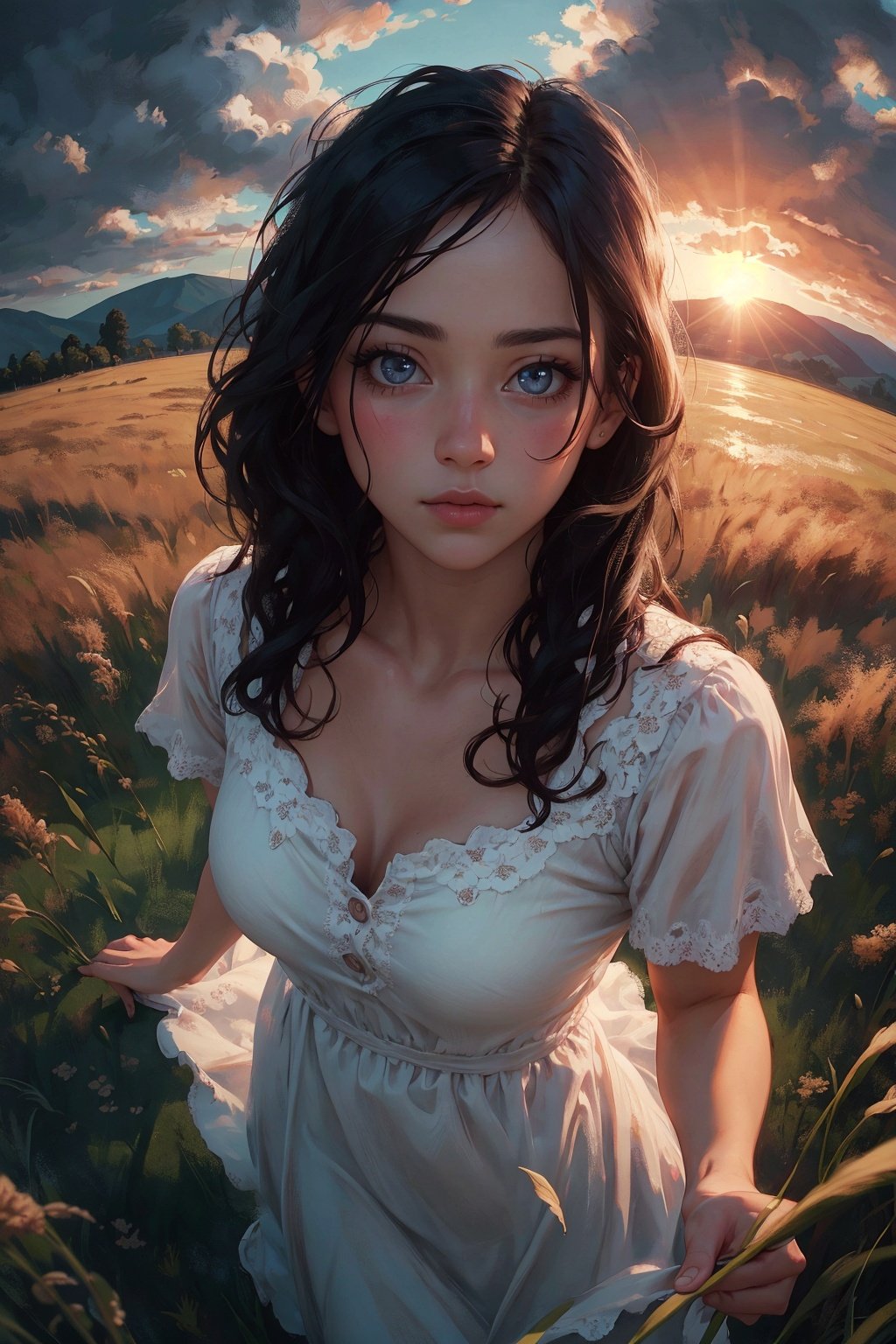 (masterpiece,best quality),HDR,high-definition,[[[Intricate Details]]],cinematic,photorealistic,1girl, (nsfw:0.7), flowy dress, illustration, fisheye lens, high contrast, sharp focus, digital painting, beautiful clouds, flowing hair, high grass, high angle, very deep eyes, cute face