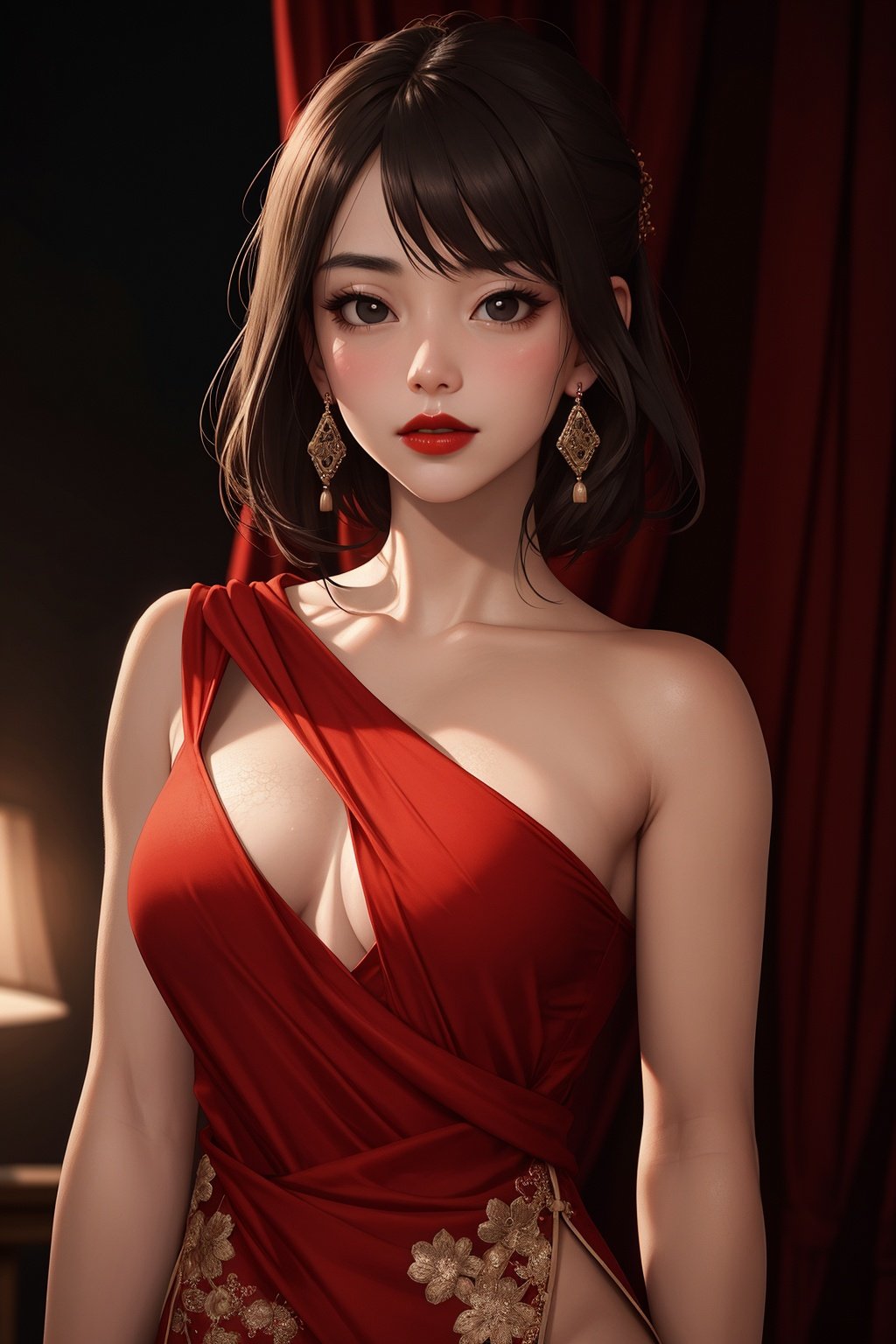 Classic Hollywood glamour,chinese girl in a stunning red evening gown, dazzling accessories, (black eyes:1.5), red lips, flawless skin), luxurious backdrop, velvet curtains, dramatic pose, interesting composition, spotlight illumination, rich shadows, shallow depth of field, sparkling bokeh, exquisite details, high-resolution, 35mm film, timeless elegance. portrait photography, 35mm film, natural blurry,(skin texture:1.5),skin grain,Eastern mystical colors,Truly light and shadow