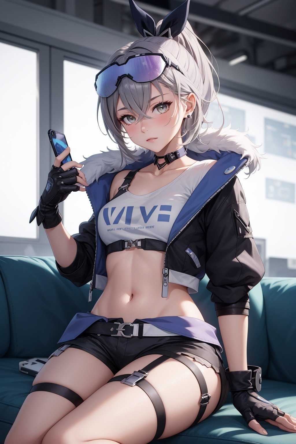 masterpiece, best quality, SilverwolfV5, 1girl, solo, looking at viewer, shirt, gloves, holding, sitting, jacket, shorts, choker, black gloves, fingerless gloves, black jacket, short shorts, thigh strap, phone, black shorts, goggles, eyewear on head, goggles on head, 