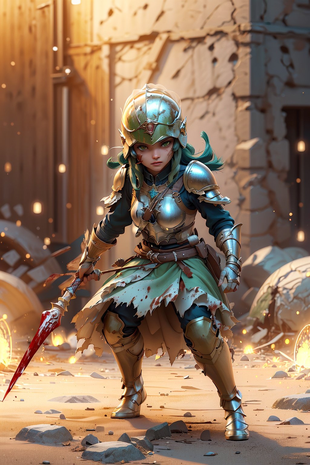 (pov), solo, nephenee fe, green long hair, green eyes, skirt, thigh band, helmet, armor, breastplate, torn clothes, weapon, right hand spear, large round shield on left hand, holding, holding weapon, multiple pose, multiple focus, (medieval fantasy-style outdoors, drive away with attacks, extreme attack, miracle attack, blood splatter), (art cg, ultra-detailed, best quality, illustration, particle lighting, unity 8k wallpaper, beautiful detailed glow, an extremely delicate and beautiful:1.3), gleaming skin, shiny hair, detailed and delicate costumes,(solo:1.55)