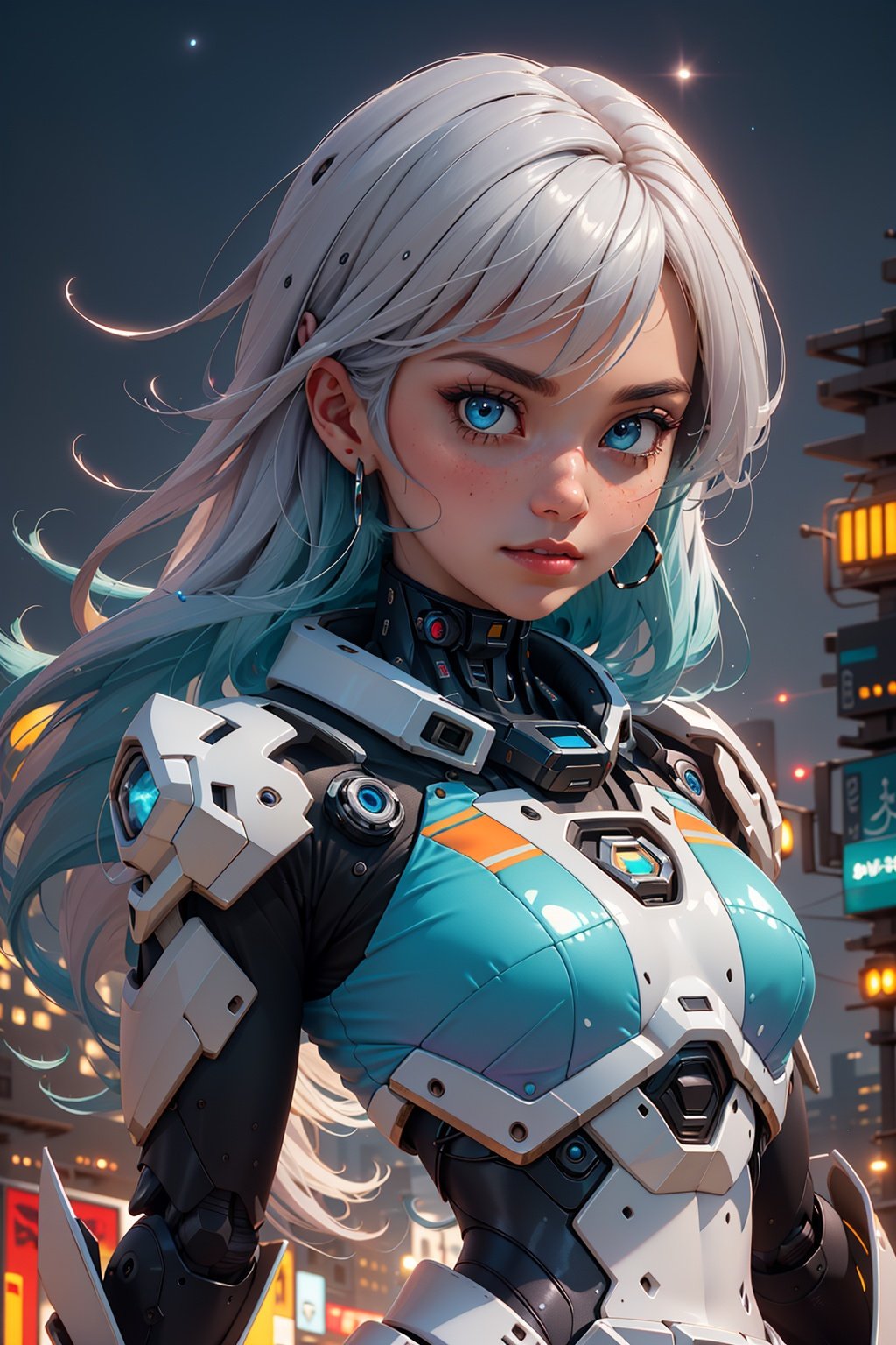 best quality,extremely detailed,detailed background,anime,a young beautiful girl,very long rainbow hair,(close shot),extremely detailed face,an extremely delicate and beautiful mecha girl,extremely detailed eyes,(floating silver grey hair),(Iridescence and rainbow hair),(gradient color mecha clothes),(black and blue and purple mecha clothes),Iridescence and rainbow mecha,（bodysuit：0.8）,(cyberpunk),((scifi)),((sci-fi)),night,space,horizon,beautiful detailed starry sky,top of the city,(dynamic posture),solo focus,close up,depth of field,bokeh,cinematic lighting,atmospheric lighting,science fiction,close up shot,close-up photo,(close to the camera),close to the lens,(close to the viewer)