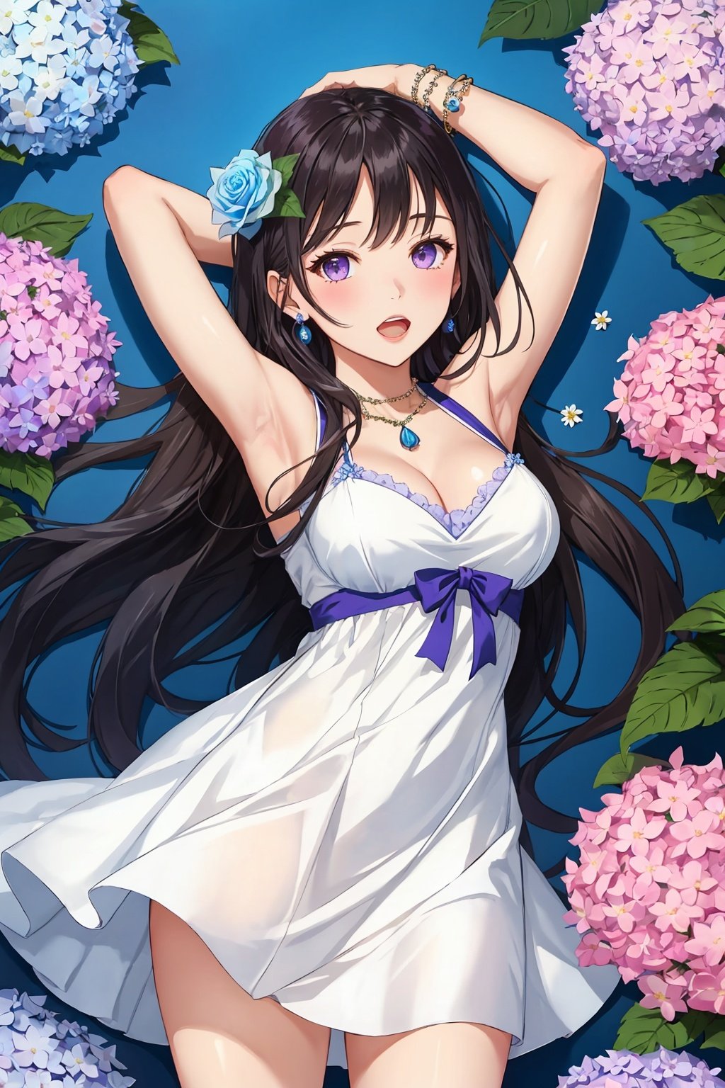  blue flower, flower, hydrangea, white flower, bracelet, 1girl, lily \(flower\), daisy, bell, blue rose, long hair, purple flower, solo, jewelry, breasts, dress, blue theme, arms up, open mouth, armpits, looking at viewer, medium breasts