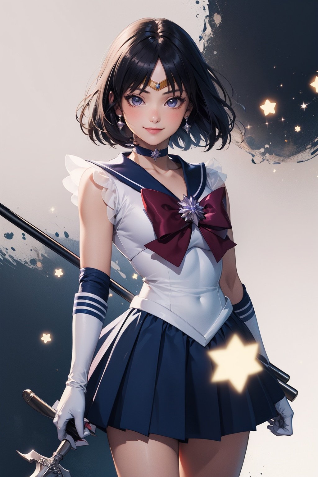 (masterpiece, best quality:1.2), , solo, 1girl, sailor saturn, magical girl, smile, closed mouth, looking at viewer, holding weapon, polearm, tiara, sailor senshi uniform, pleated skirt, elbow gloves, jewelry, brooch, choker