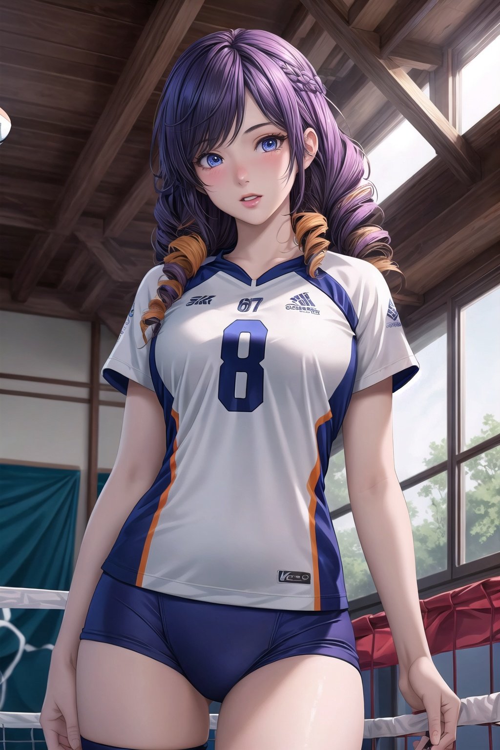 1girl,(curve:1.05),[drill hair:Curly hair:0.3],colorful hair,detailed eyes,Perfect features,break,
{Volleyball_uniform|colorful clothe},Famale pov,art by rebecca doodle,colorful,

Indoor_stadium,


best quality ,masterpiece, illustration, an extremely delicate and beautiful, extremely detailed ,CG ,unity ,8k wallpaper, Amazing, finely detail, masterpiece,best quality,official art,extremely detailed CG unity 8k wallpaper,


