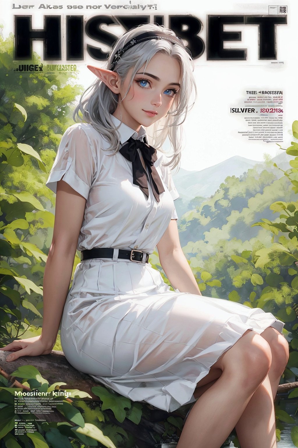((masterpiece)), expressionless, (((best quality))), ((illustration)),
1girl, elf, ((solo)), (detailed face), (beautiful detailed eyes), light eyes, blue eyes, ((disheveled hair)), silver hair, full body,
smile, blank stare, sitting, ((looking to the side)),
bow tie hair band, white transparent long skirt, noble, mysterious,
bright background, in forest, nature, sunshines through the leaves, butterfly, river, close-up,
(magazine:1.3), (cover-style:1.3), fashionable, woman, vibrant, outfit, posing, front, colorful, dynamic, background, elements, confident, expression, holding, statement, accessory, majestic, coiled, around, touch, scene, text, cover, bold, attention-grabbing, title, stylish, font, catchy, headline, larger, striking, modern, trendy, focus, fashion,