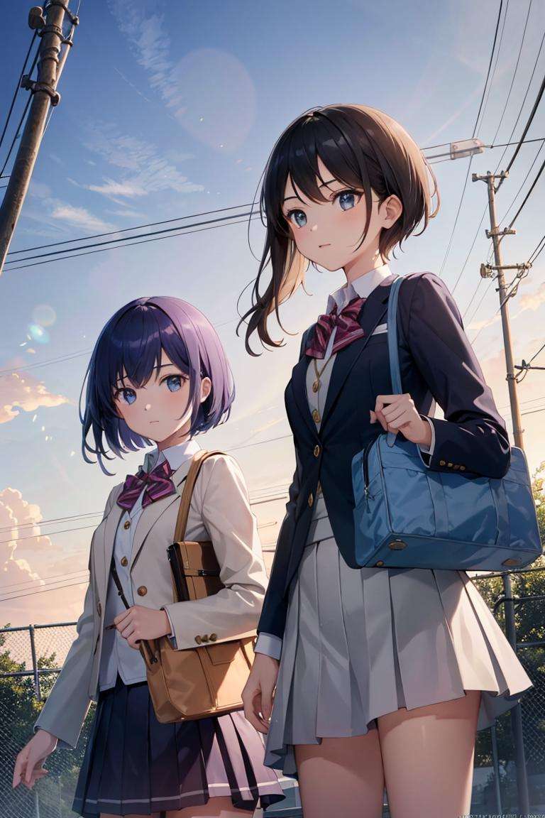 masterpiece, best quality, high resolution, extremely detailed, detailed background, cinematic lighting, dynamic angle, lens flare, outdoors, sky, cloud, power lines, building, fence, multiple girls, (2girls:1.4), long hair, short hair, skirt, jacket, school uniform, bag, utility pole, 