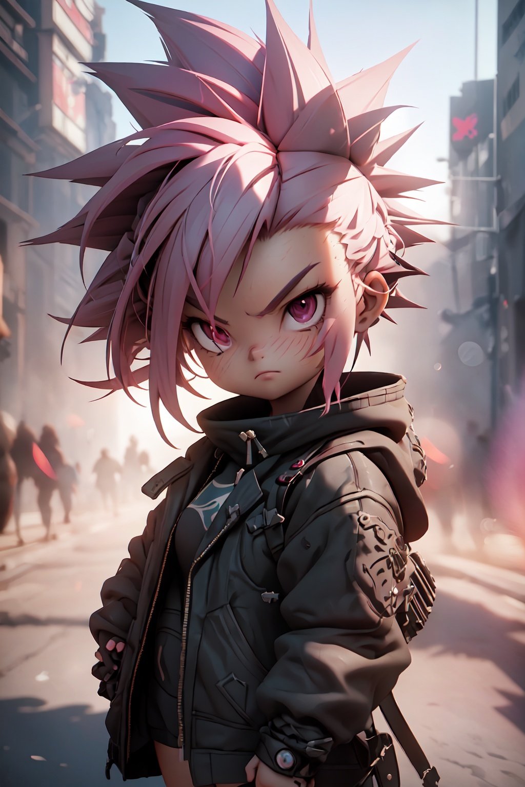 a girl with pink spiky hair, | depth of field, bokeh, | smooth detailed shadows, hyperealistic shadows, (saturated colors:1.2) | (game cg, unreal engine, pixar style), (3d model), style of Dustin Nguyen,shkaristyle