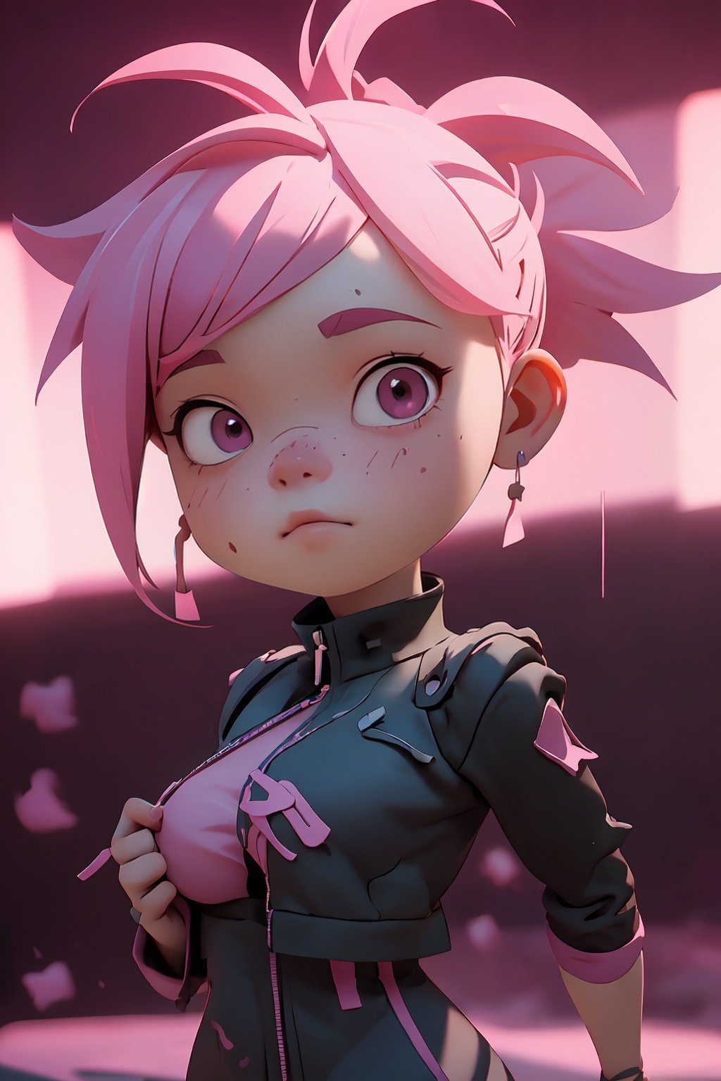 a girl with pink spiky hair, | depth of field, bokeh, | smooth detailed shadows, hyperealistic shadows, (saturated colors:1.2) | (game cg, unreal engine, pixar style), style of Tomer Hanuka,shkaristyle