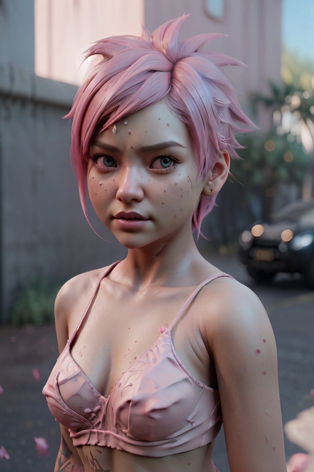 a girl with pink spiky hair, | depth of field, bokeh, | smooth detailed shadows, hyperealistic shadows, (saturated colors:1.2) | (game cg, unreal engine, pixar style), (3d model), style of Dustin Nguyen,shkaristyle