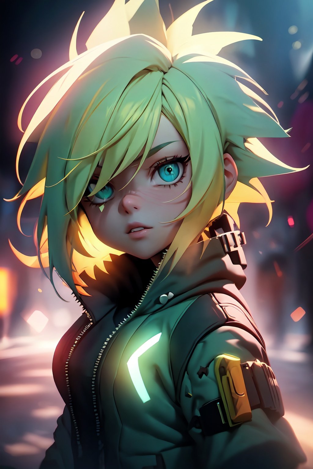 style of Tomer Hanuka, a girl with yellow spiky hair, glow details, | depth of field, bokeh, | smooth detailed shadows, hyperealistic shadows, (saturated colors:1.2) | (game cg, unreal engine),shkaristyle
