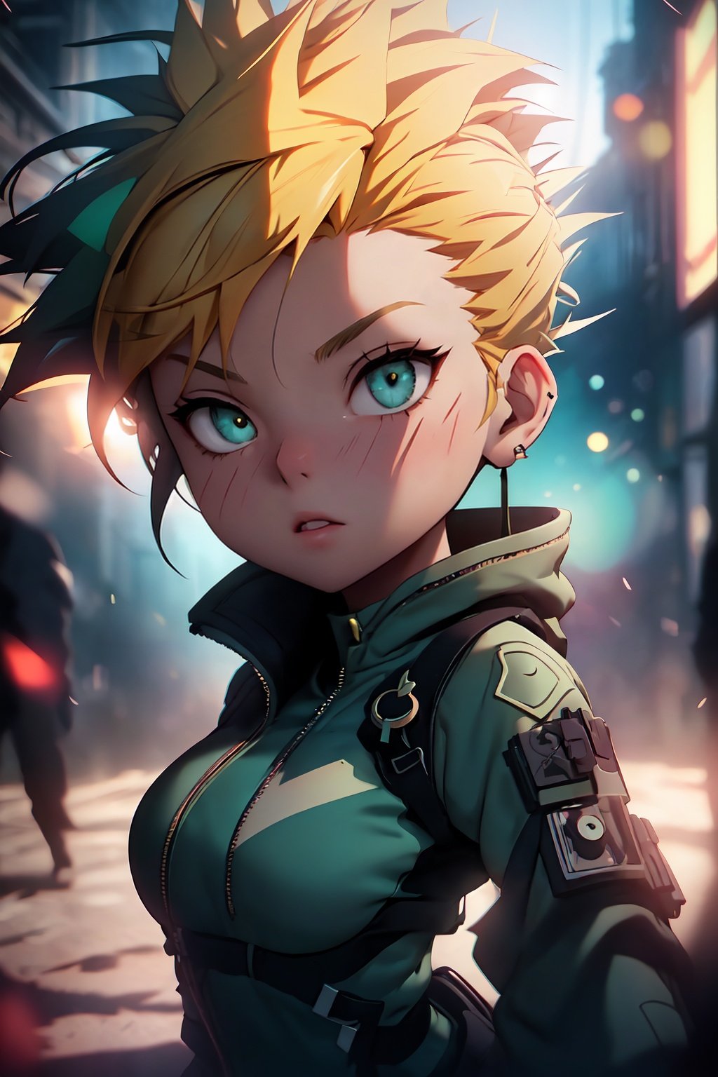 style of Tomer Hanuka, a girl with yellow spiky hair, glow details, | depth of field, bokeh, | smooth detailed shadows, hyperealistic shadows, (saturated colors:1.2) | (game cg, unreal engine),shkaristyle