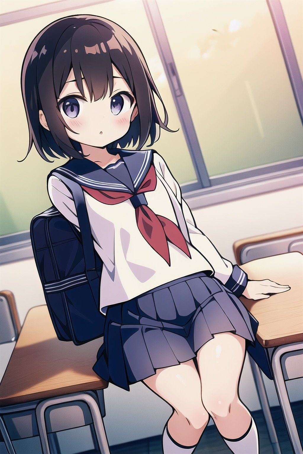 (loli:1.2),serafuku,classroom,pleated skirt,school bag,