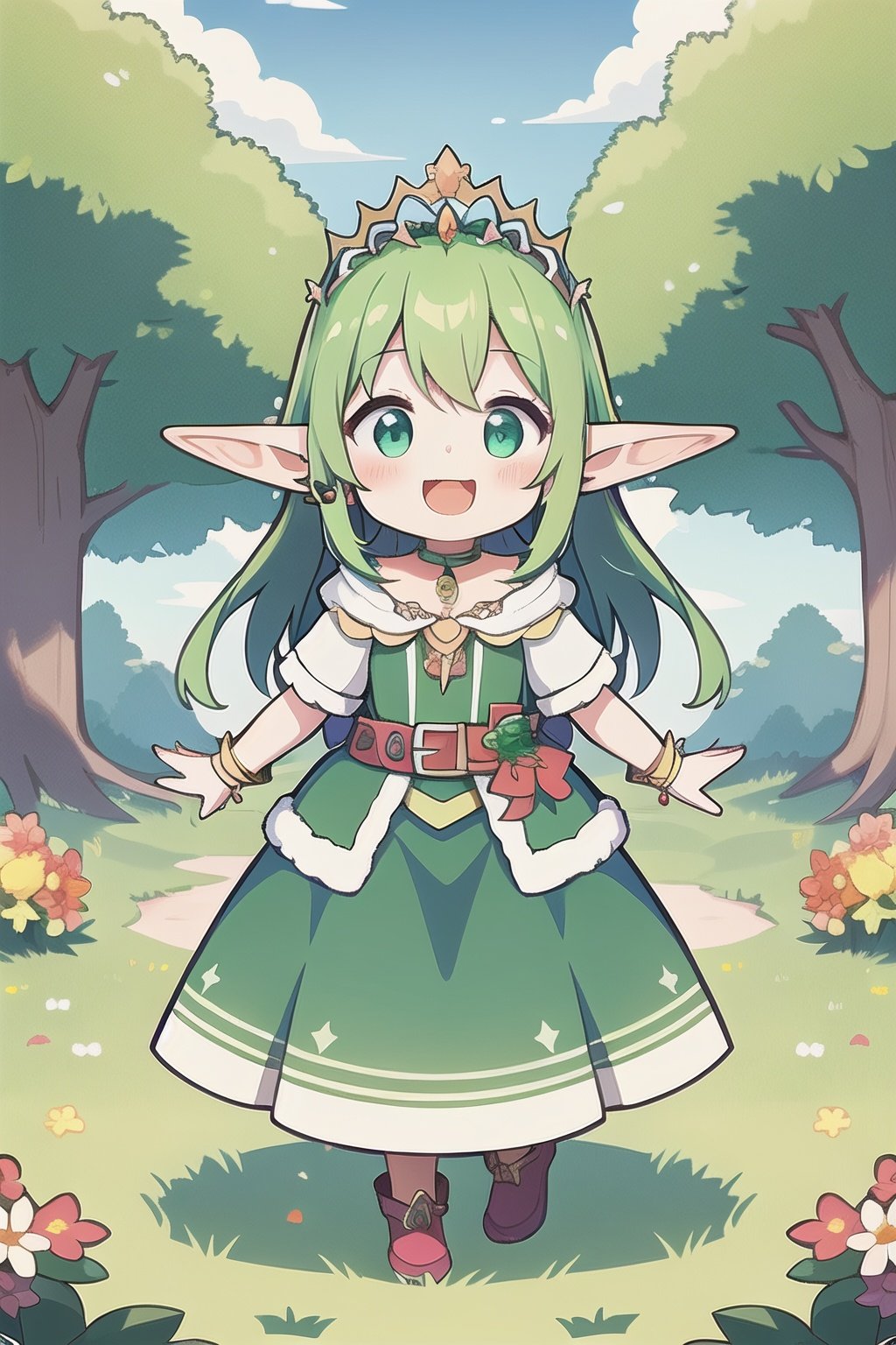 (loli:1.2),open mouth,happy,elf,elf ears,jewelry,forest,flowers,fancy dress,animals,fantasy,green hair,tiara,