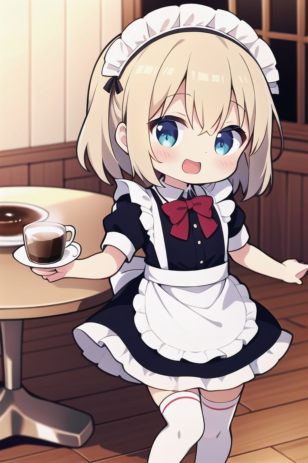 (loli:1.2),open mouth,happy,cafe,maid,maid costume,apron,maid headgear,white legwear,food,coffee,table,