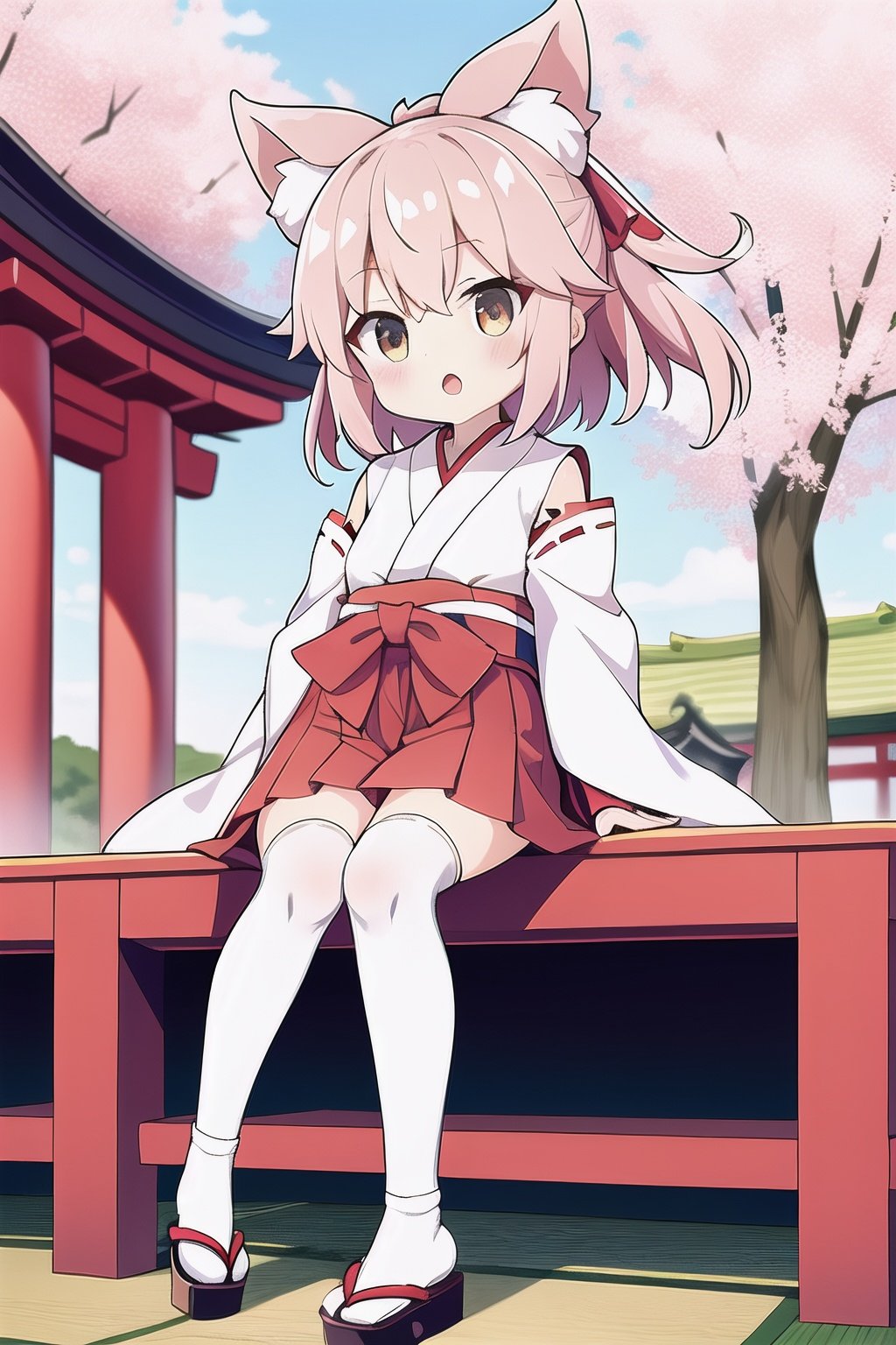 miko,kimono,hakama,shrine,sakura,white legwear,hair ribbon,(loli:1.2)