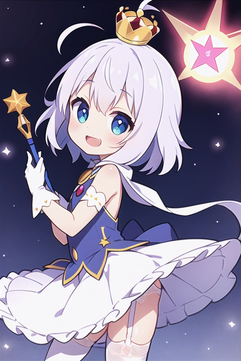 solo,(loli:1.2),open mouth,happy,ahoge,upper body,fancy dress,open mouth,smile,upper body,from side,(crown),(jewelry),(magic wand),white gloves,white thighhighs,garter belt,