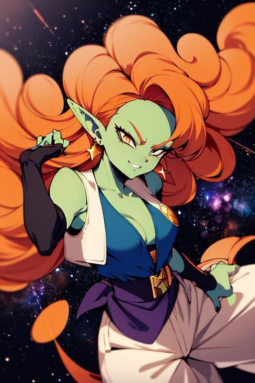 ((masterpiece,best quality)), absurdres, <lora:Zangya_DB:0.7>, Zangya_DB, solo, 1girl, green skin, long orange hair, white baggy pants, vest, sash,  black arm warmers, detailed face, smug,  space and stars in background, cinematic composition, dynamic pose, 