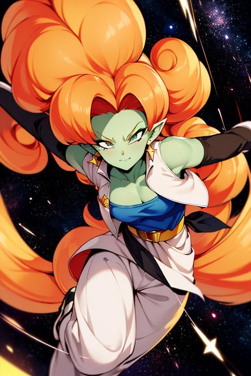 ((masterpiece,best quality)), absurdres, cinematic composition, dynamic pose, <lora:Zangya_DB:0.7>, Zangya_DB, solo, 1girl, green skin, long orange hair, white baggy pants, vest, sash,  black arm warmers, detailed face, smug,  space and stars in background, 