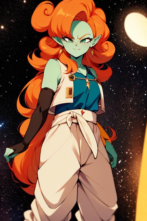 ((masterpiece,best quality)), absurdres, cinematic composition,<lora:Zangya_DB:0.7>, Zangya_DB, solo, 1girl, green skin, long orange hair, white baggy pants, vest, sash,  black arm warmers, detailed face, smug,  space and stars in background, 