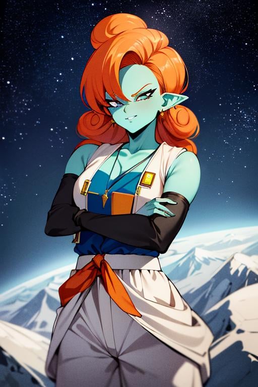 ((masterpiece,best quality)), absurdres, sexy pose, <lora:Zangya_DB:0.7>, Zangya_DB, solo, 1girl, green skin, long orange hair, white baggy pants, vest, sash,  black arm warmers, upper body, detailed face, smug,  space and stars in background, cinematic composition, 