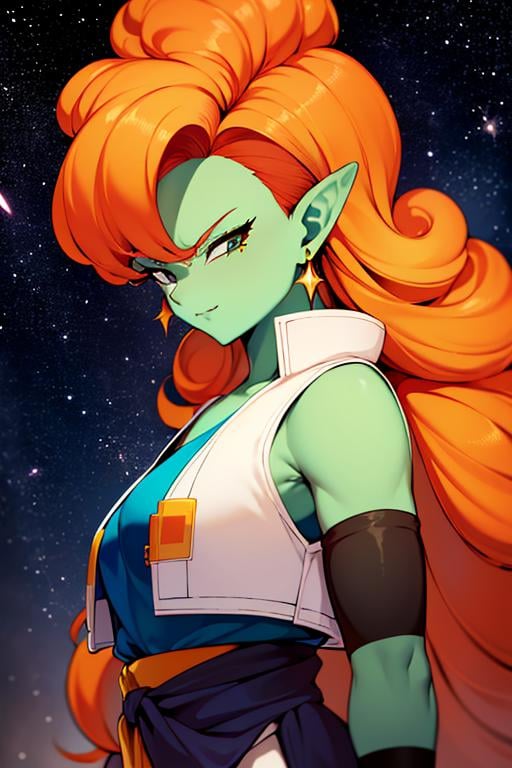 ((masterpiece,best quality)), absurdres, <lora:Zangya_DB:0.7>, Zangya_DB, solo, 1girl, green skin, long orange hair, vest, sash,  black arm warmers, upper body, detailed face, smug,  space and stars in background, cinematic composition, 