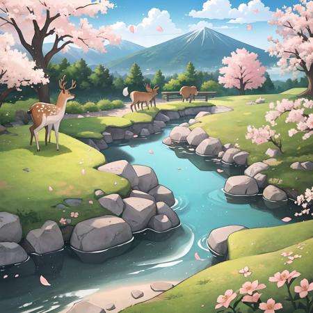 masterpiece, best quality,nature, no humans, flowers, multiple deer, mountain, cherry blossoms, 