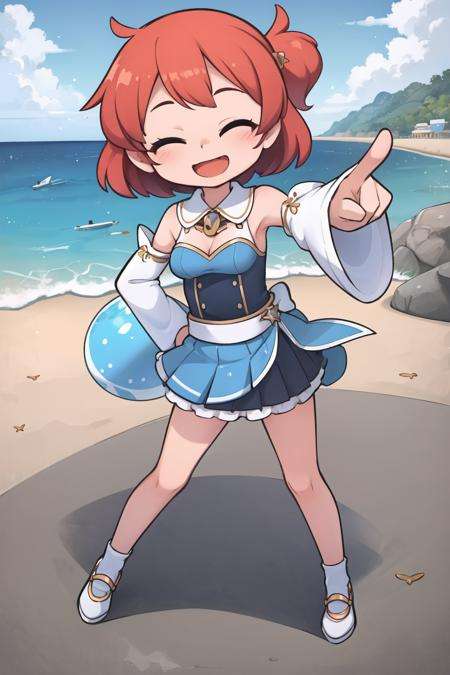 masterpiece, best quality,1girl, pleated skirt, blue dress, detached sleeves, lace, frills, medium breasts, hand on hip, legs apart, pointing at viewer, pointing, one eye closed,foreshortening, perspective,caustics, ocean, cloudy sky, beach,