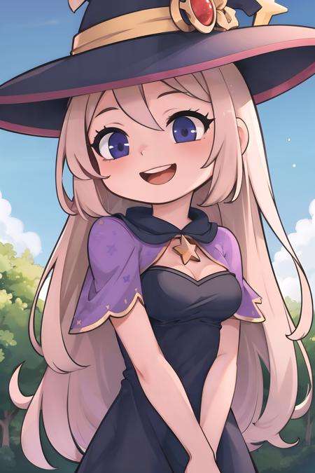 masterpiece, best quality,blue sky,cute,1girl, upper body, happy,witch hat, purple hat, big hat, star print, witch, dress, (pink dress:0.7), star print dress, (light brown hair:1.1), (wavy hair, long hair:0.5), (pink capelet:0.6), (purple dress:0.5),