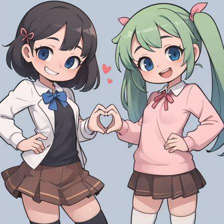 masterpiece, best quality,blue background, abstract background, heart background, 2girls, side-by-side, heart hands duo,cowboy shot, head tilt,school uniform, ribbon, brown skirt, thighhighs,ADDCOMMlong hair, straight hair, black hair, narrowed eyes, hair ribbon, black shirt,grin,ADDCOLgreen hair, twintails, pink sweater, long sleeves,happy,