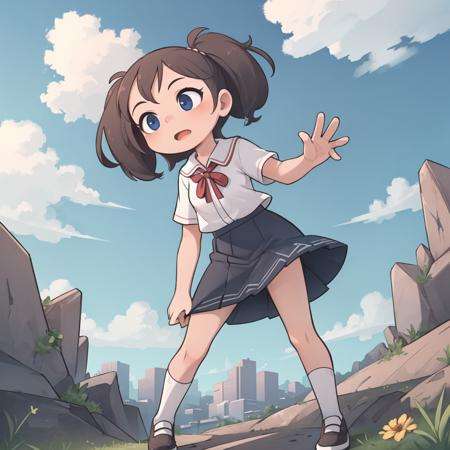 masterpiece, best quality,sky,1girl, from below, leaning forward, skirt, hand between legs, expressionless,