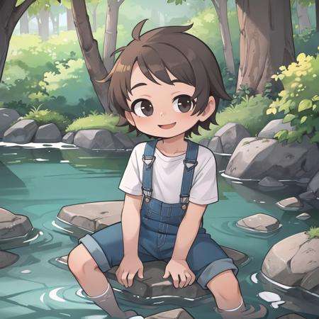 masterpiece, best quality,overalls, white shirt,(1boy:1.2), sitting on rock, leaning back, head tilt, happy, (looking at viewer:1.2),forest, river,very short hair, brown hair, messy hair,