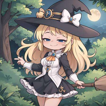 masterpiece, best quality,1girl, solo, cowboy shot, medium breasts, broom,witch, witch hat, black dress, lace, frills, long sleeves,long hair, blonde hair,night, forest, flying,<lora:smug-07:0.7> smug, half-closed eyes, blue eyes,