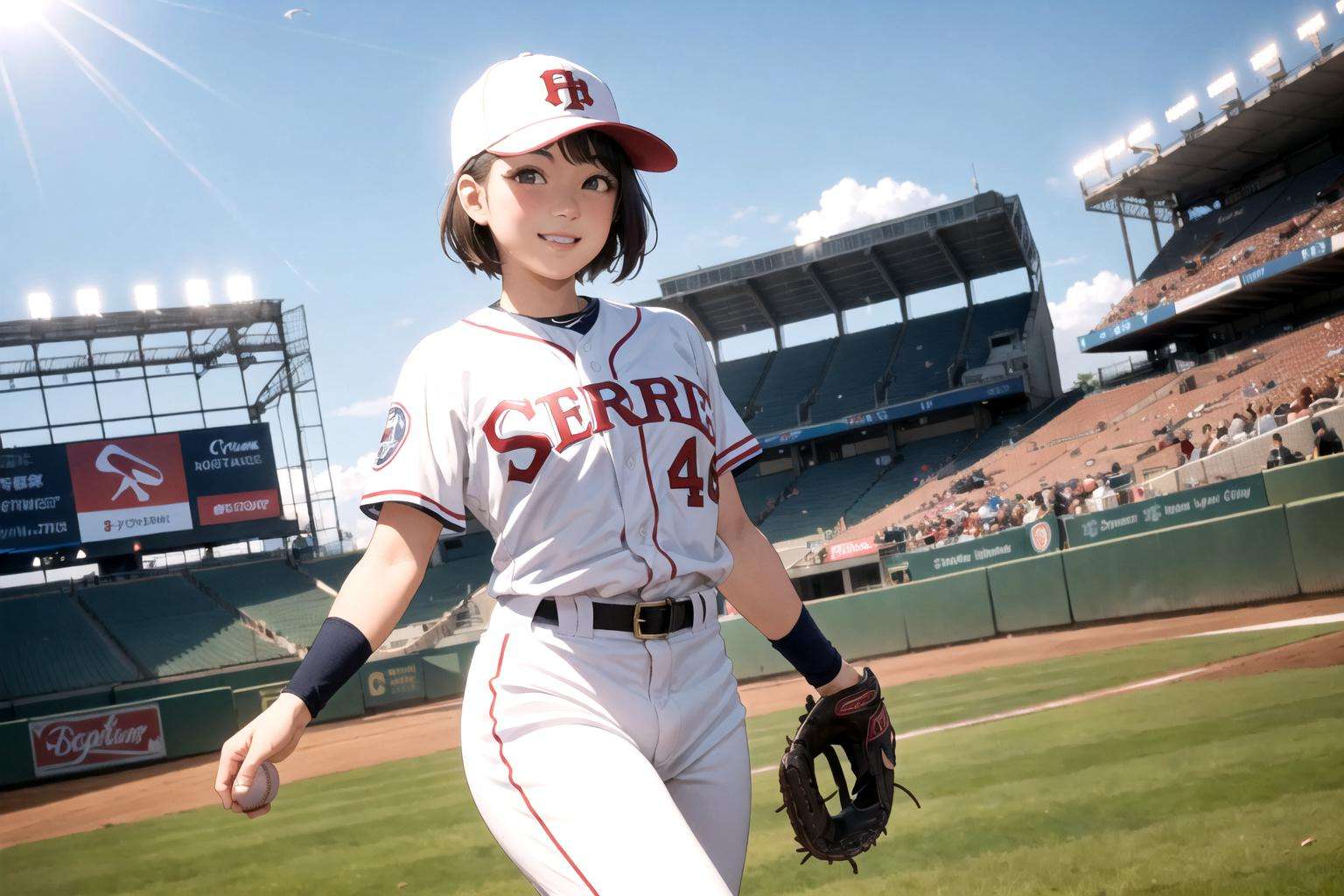 baseball cosplay,  baseball stadium, baseball uniform, smiling, 1girl, cowboy shot, detailed uniform, look at viewer, (SIGMA 85mm f1.4), depth of field, bokeh,  detailed realistic background, diffused natural sunlight, diffused natural skin glow, summer