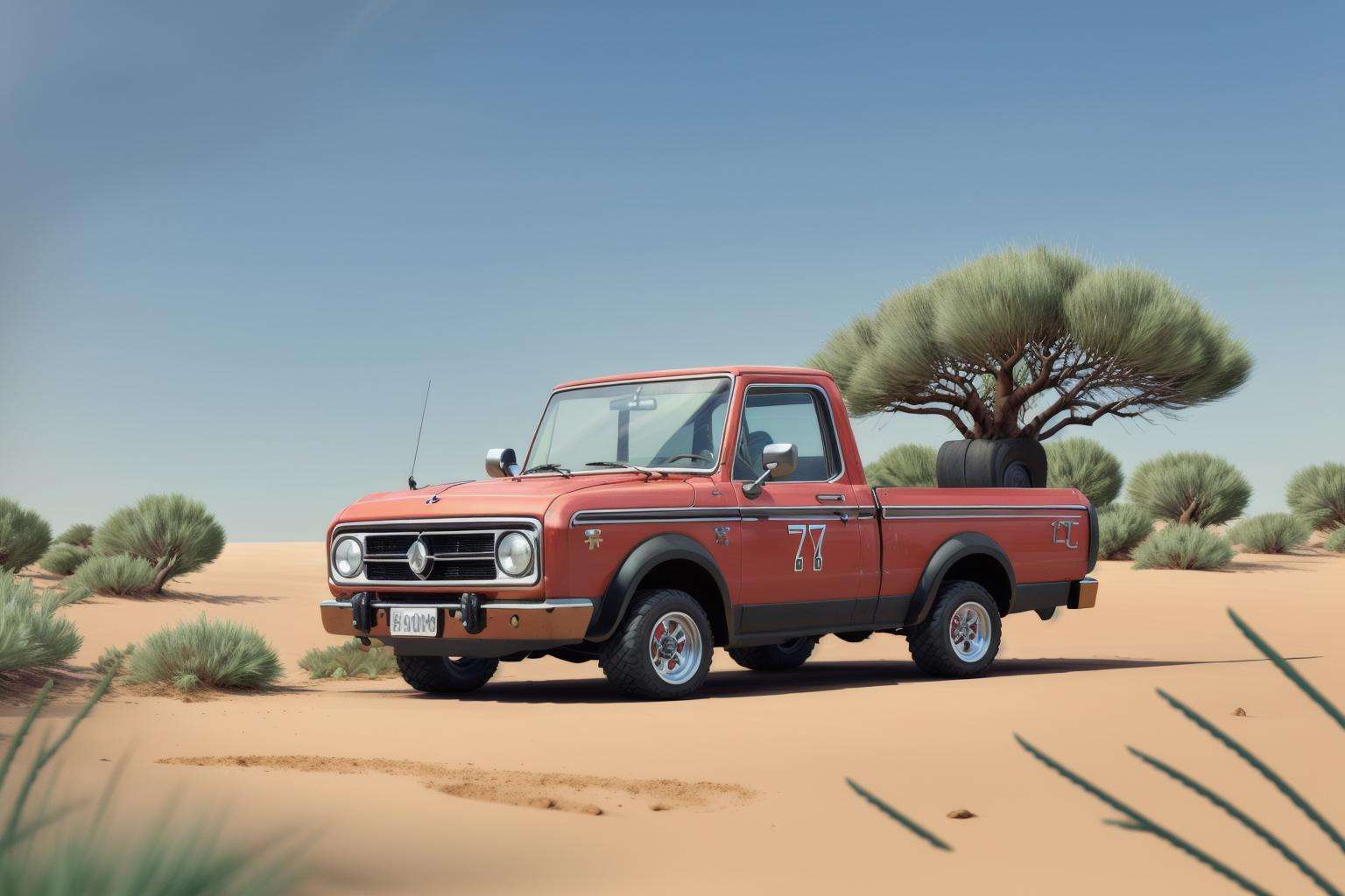 a pickup drifting in Mediterranean Scrub, motion blur <lora:3DTOTALSTYLEESH_V0.04:0.9>