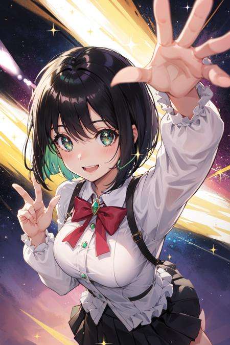 black hair, green eyes, short hair, bob cut, arms up, excited, sparkling eyes, sparkle, light particles, volumetric lighting, smile, long sleeves, pleated skirt, from above, outstretched hand, double v