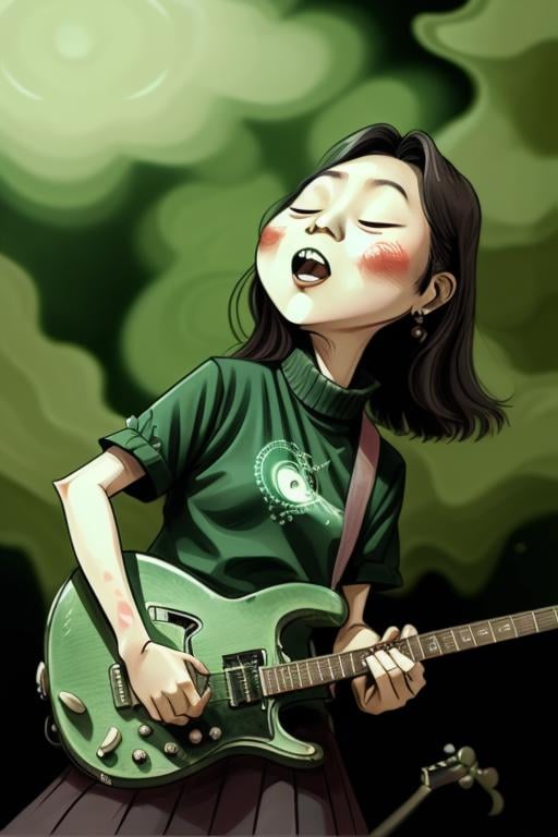 a  Japanese woman playing guitar with eyes closed in a Algal Bloom <lora:GOTCHA_V0.01:0.4>