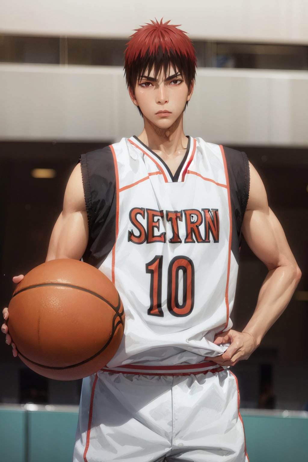 (masterpiece, best quality:1.2), <lora:kb_kagami-10:1>, cowboy shot, solo, male focus, 1boy, kagami taiga, expressionless, closed mouth, looking at viewer, hand on hip, sportswear, basketball uniform, basketball court