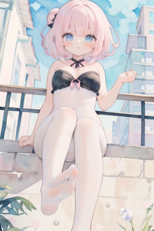 (Masterpiece, best quality:1.2),(ultra-detailed),(pastel color:1.5),(cute illustration:1.5),(watercolor:1.2),shiny skin,1girl,large pectorals, Updo,Pink hair,Strapless Top,white pantyhose,legs,no shoes, presenting foot,(foot focus:1.3),city,in summer,sunny,from below,<lora:xuegao:0.4>