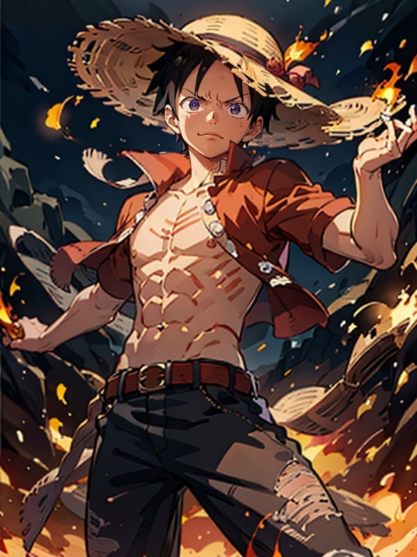 masterpiece,bestquality,highlydetailed,ultra-detailed,extremely detailed CG unity 8k wallpaper,illustration,lens 135mm,<lora:luffy_20230721150514-000010:1>,luffy,1boy,combat condition,the body was surrounded by flames,straw hat,