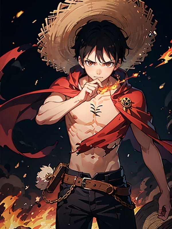 masterpiece,bestquality,highlydetailed,ultra-detailed,extremely detailed CG unity 8k wallpaper,illustration,lens 135mm,<lora:luffy_20230721150514-000010:1>,luffy,1boy,combat condition,the body was surrounded by flames,straw hat,red cape,