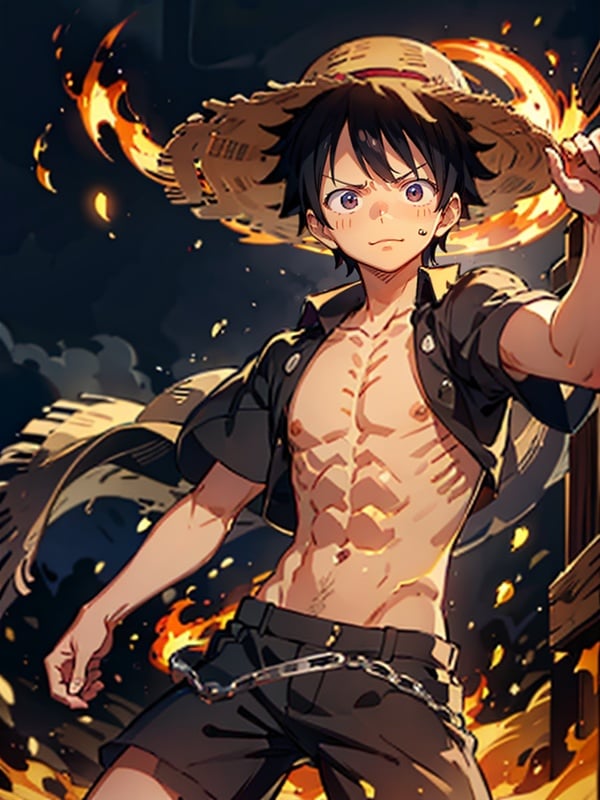 masterpiece,bestquality,highlydetailed,ultra-detailed,extremely detailed CG unity 8k wallpaper,illustration,lens 135mm,<lora:luffy_20230721150514-000010:1>,luffy,1boy,combat condition,the body was surrounded by flames,straw hat,