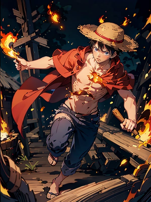 masterpiece,bestquality,highlydetailed,ultra-detailed,extremely detailed CG unity 8k wallpaper,illustration,lens 135mm,<lora:luffy_20230721150514-000010:1>,luffy,1boy,combat condition,the body was surrounded by flames,straw hat,red cape,full body,mecha,