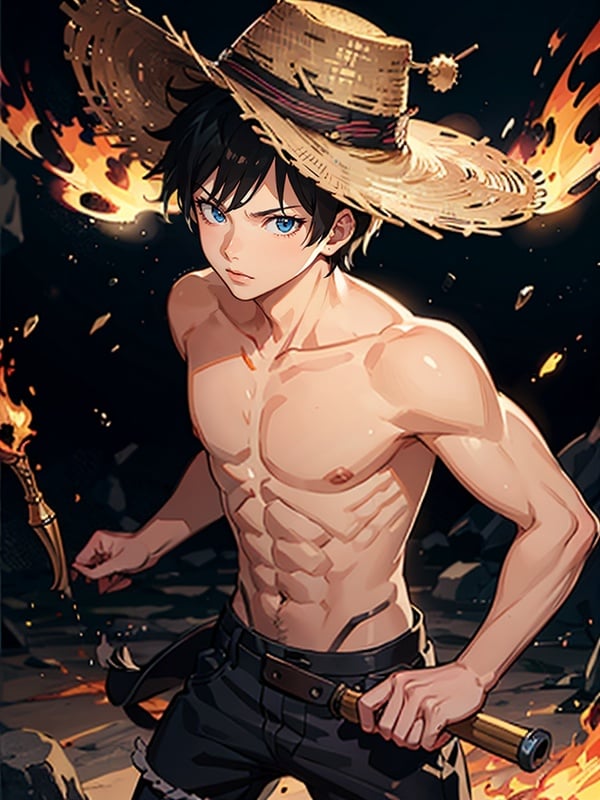 masterpiece,bestquality,highlydetailed,ultra-detailed,extremely detailed CG unity 8k wallpaper,illustration,lens 135mm,<lora:luffy_20230721150514-000010:1>,luffy,1boy,combat condition,the body was surrounded by flames,straw hat,