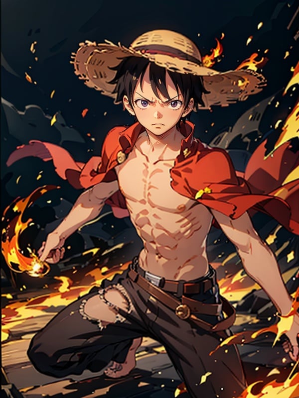 masterpiece,bestquality,highlydetailed,ultra-detailed,extremely detailed CG unity 8k wallpaper,illustration,lens 135mm,<lora:luffy_20230721150514-000010:1>,luffy,1boy,combat condition,the body was surrounded by flames,straw hat,red cape,